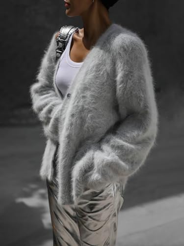 Image of chouyatou Women Furry Open Front Cardigan V-Neck Loose Casual Fluffy Knit Button Down Sweater Coat