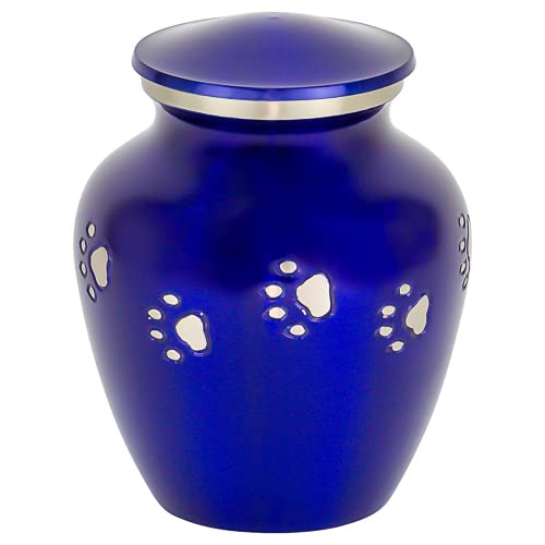 Blue with Silver Paw Prints Small Pet Cremation Urn for Ashes, Brass, Blue Pet Urn, Dog Urn, Cat Urn, Small Sized Pet Urn, 4.25 Inches High