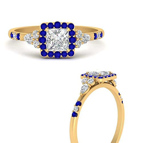 Image of Choose Your Color 14k Yellow Gold Plated Princess Shape Petite Engagement Rings Halo Edwardian Engagement Ring Everyday Wedding Jewelry Handmade Gifts for Wife : US Size 4 to 12