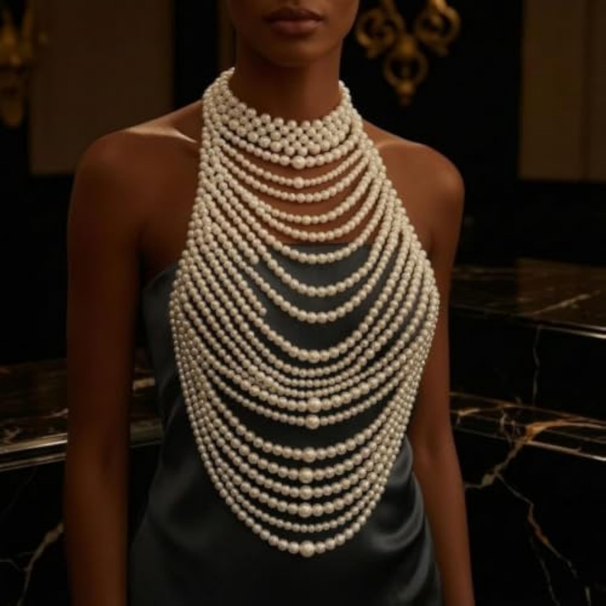 Women's Layered Pearl Body Chain, Multi-Row Beaded Necklace