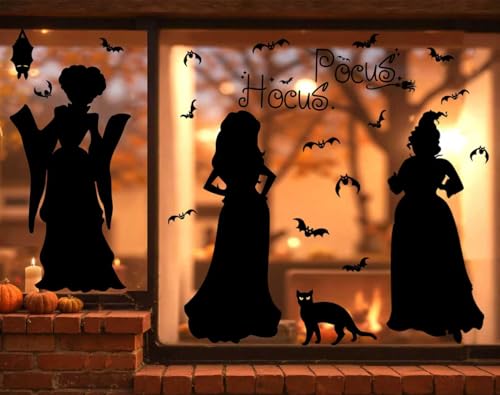 Halloween Window Clings Decoration - 35" Large Double Sided Hocus-Pocus Decor Halloween Witch Silhouette with Black Cat Bat, Spooky Scary Window Decals Stickers Home Decor for Glass Mirror, 3 Sheets