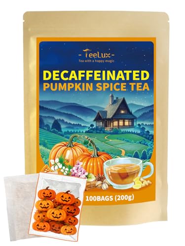 Image of TeeLux Decaf Pumpkin Spice Black Tea, Mellow Decaffeinated Black Tea with Cinnamon, Cloves, Ginger & Creamy Pumpkin Flavor, Warm & Aromatic, 100 Count