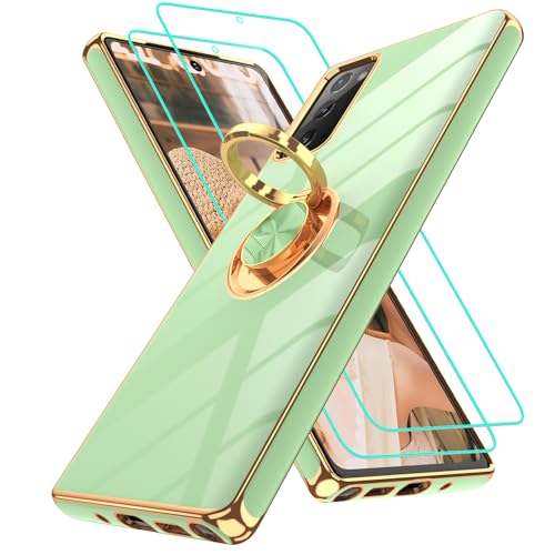 Gritup for Samsung Galaxy Note 20 Case: with 2Pcs Screen Protector, 360° Rotation Ring Holder Magnetic Kickstand, Plating Gold Edge Soft TPU Shockproof Protective Cover for Note 20 Phone Pea Green