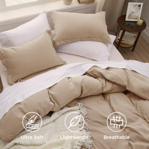 Image of Bedsure Prewashed Duvet Cover Queen, Cotton-Like Bedding Set, Light Brown | Ultra Soft, Relaxed Texture, 90 inchx90 inch Breathable Comfort, Hidden Zipper, 8 Corner Ties, Easy Care, OEKO-TEX, Year-Round Use