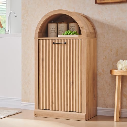 IFGET Arched Tilt-Out Trash Can Cabinet, Fluted 10 Gallon Trash Can with Open Shelf, Modern Laundry...