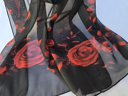 Red Roses on Black Lightweight Sheer Chiffon Fashion Wrap Scarf, 58 x 19 in Good Things To Come!3