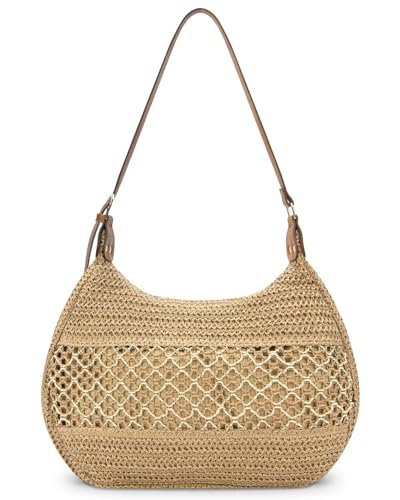 MICOM Shoulder Bag-Straw Tote Bag for Women,Woven Shoulder Bag,Beach Handbag with Adjustable PU Strap,Soft Summer Beach Handbag with Zipper