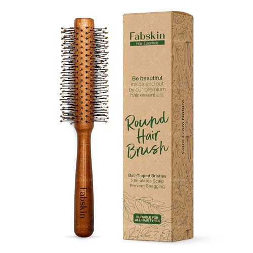 Fabskin Wooden Round Hair Brush | Men and Women | For Adding Curls, Volume, Waves, Quick Blowout, Straightening, Curling, Drying, Volumizing Hairs & Scalp Massage | Hair Roller Brush for Hair Styling