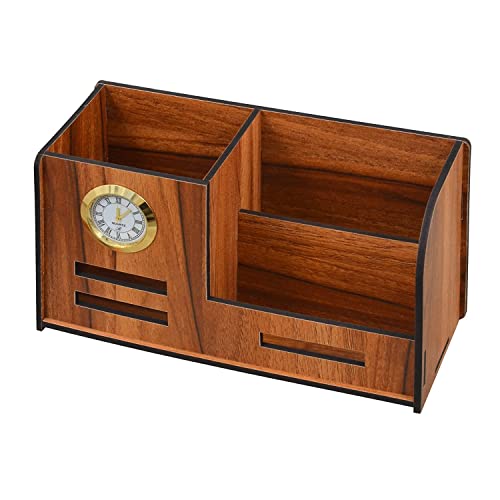 Image of Deskart Stylish Pen Stand with Clock, Business Visiting Card & Mobile Holder | Multipurpose Wooden Desk Organizer for Office Desk and Study Table
