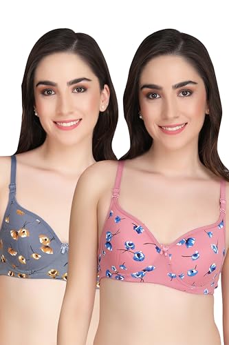 Image of Women Padded Printed Bra - Made of Pure Cotton Full Coverage Non Wired Seamless Pushup Soft Cup for T-Shirt Saree Dress Sports Garment for Daily Use Everyday