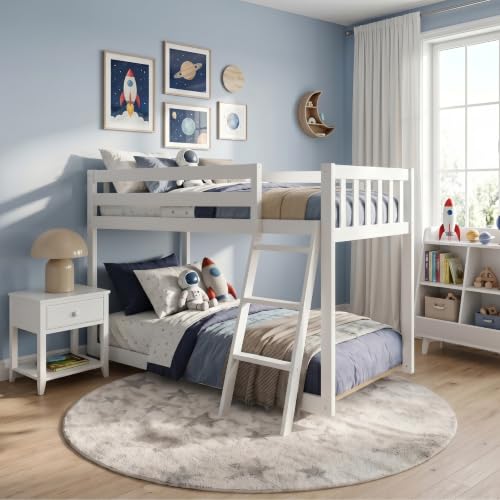 Max & Lily Fundamental Twin Low Bunk Bed Kids Solid Wood Modern Bed Frame with Strong Wooden Slats Non-Toxic Finishes High Weight Capacity White