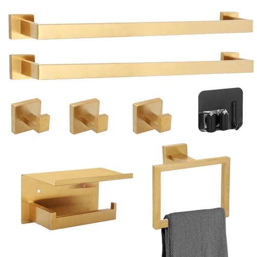 Lot de 8 accessoires de salle de bain dorés de 60 cm pour salle de bain - Barre porte-serviettes dorée brossée avec 2 barres porte-serviettes en acier inoxydable - Fixation murale
