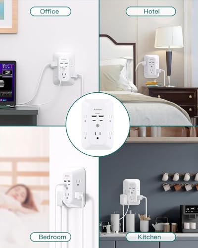 2 Pack USB Wall Charger Surge Protector, Multi Plug Outlet with 5 Outlet Extender and 4 USB Charging Ports (2 USB C Outlet) 3 Sided 1800J Power Bar for Home Travel Office image 5