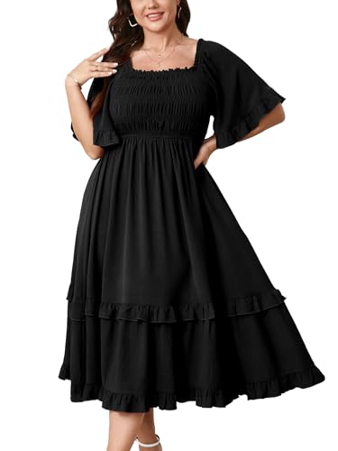 Image of SCOMCHIC Women's Plus Size Maxi Dresses Summer Short Sleeve Square Neck Smocked Wedding Guest Cocktail Boho Long Dress