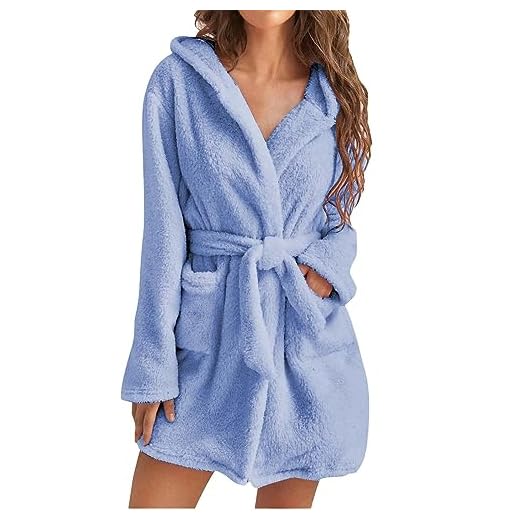 SHOPESSA Cute Robes for Women Fleece Bathrobe with Hood Belted Solid Color Plush Kimono Robe with Pockets 2023 Trendy Tops Bata De Bano Para Mujer