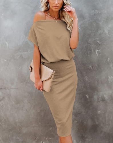 Image of EZBELLE Women's Summer Dress Off The Shoulder Short Sleeve Ribbed Casual Party Bodycon Midi Dresses