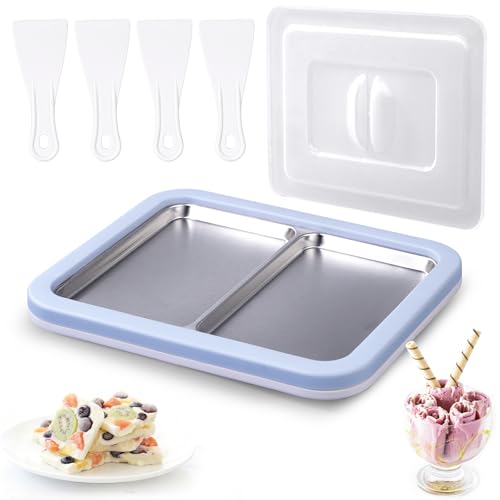 climafusion Doppelplatte mit 4 Spateln Eis Roll Platte Eisplatte Ice Cream Rolls Maker für Kinder Familie Gelato DIY Machen Hellblau