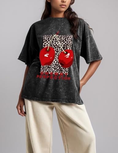 Women's Oversized Graphic Tees Cherry T Shirts Washed Vintage Casual Summer Baggy Cotton Tops Cute Grunge Shirt3