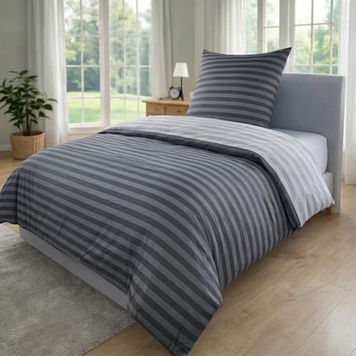 MALIKA Bettwäsche 135x200 Baumwolle, 2-teiliges Set, Streifenmuster, Wende Bettbezug 135 x 200 cm, Kissenbezug 80x80 cm, Renforcé, atmungsaktiv, maschinenwaschbar, Grau
