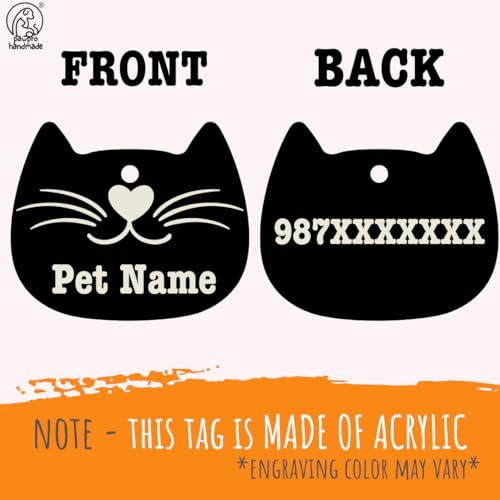 Image of PAWPRO HANDMADE Cat Collar With Name Tag & Bell, Adjustable Buckle, Soft Neck Naylon Strap, Customisable Name & Kitten Icon Id Tag, Comfortable For Small To Big Cats (Red),Nylon,20X10 Cm