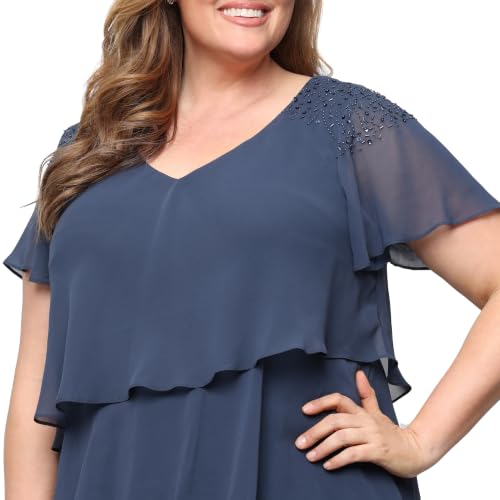 Image of S.L. Fashions Women's V-Neck Chiffon Cocktail Dress with Beaded Shoulders and Asymmetrical Tiers (Petite and Regular Sizes)