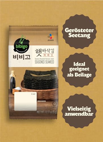 Bibigo Jaerae Seealgen getrocknet – Gerösteter Seetang – Ideal als Snack oder Beilage – 12 x 4 g