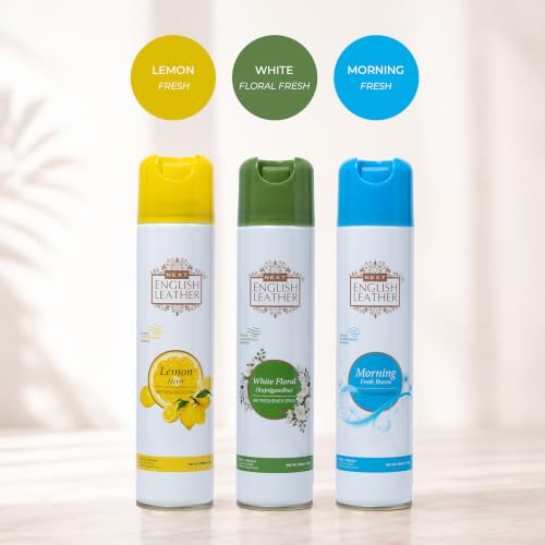 Image of Next Care English Leather Air Freshener Spray 220ml Each | Long Lasting Room Freshener for Home, Office & Car | Odour Eliminator (Morning, Lemon & White Floral)
