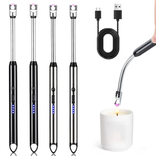 Juego de 4 mecheros eléctricos con arco eléctrico, recargable por USB, de plasma, para encender velas, barbacoa, camping, chimenea (negro, gris)
