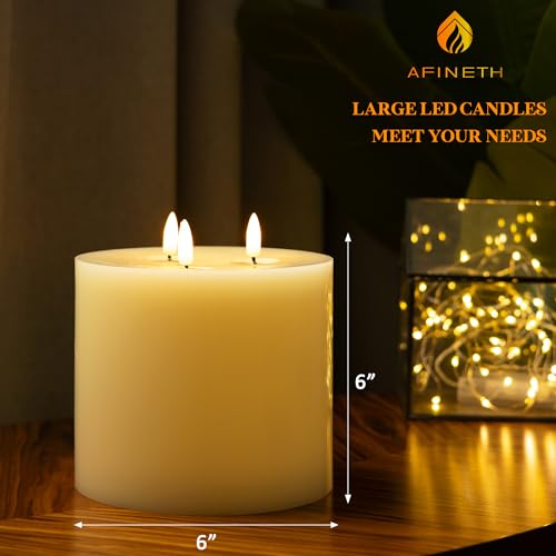 Image of Extra Large Flameless Candles, 6 inchx6 inch Real Wax Battery Operated Candles with Remote and Timer, Flickering LED Pillar Candles with 3 Wicks for Home, Wedding, Party, Holiday, Ivory