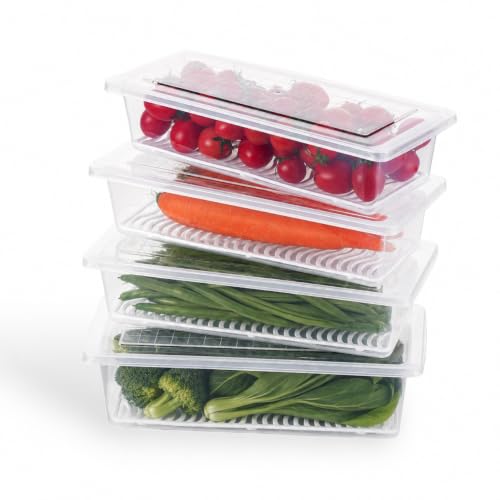 Image of ATTRO Stack Space Fridge Storage Containers with Drain Plate, 1500ml Kitchen Organizer Boxes for Fruits, Vegetables & Food Storage- Pack of 4