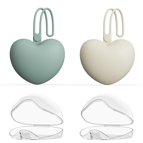 Image of 4pcs Pacifier Holder Case Set, 2pcs Silicone Portable Pacifier Pouch and 2pcs Transparent Pacifier Storage Container, Cute Heart Shape Pacifier Storage Case for Newborn Baby（Green+Khaki）