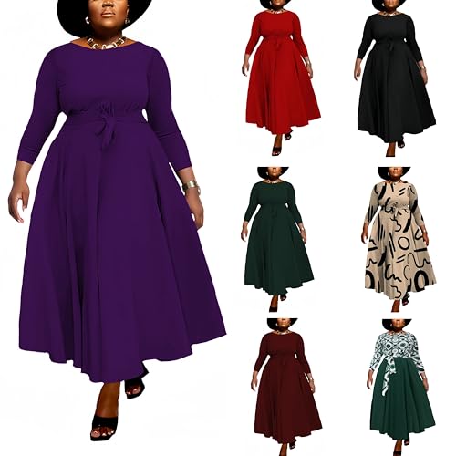 Image of Hostoyo Women Plus Size Formal A Line Maxi Dress Self Tie Waist with Pockets Elegant Round Neck Swing Long Dresses