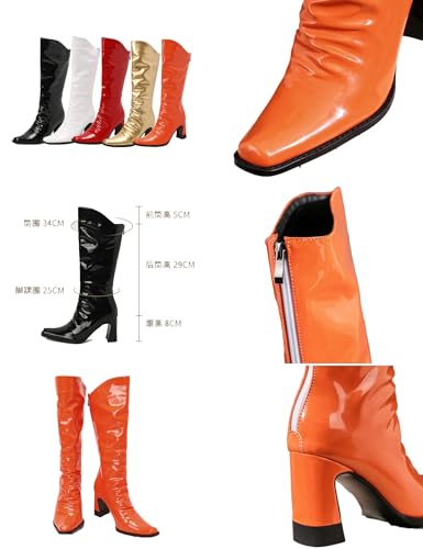 MOYOWEI Women's Patent PU Leather Back Zip Knee-High Boots,Square Toe Chunky Block Mid Heel Crinkled Ankle High Boots2