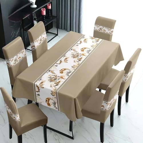Image of Styleys Dining Chair Cover with Table Covers for Kitchen Waterproof Dining Table Cloth (1 Table Cover + 6 Chair Cover, Light Brown Flower, K723)