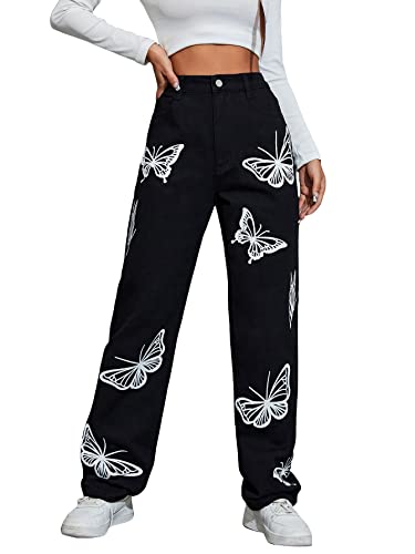 WDIRARA Women's High Waist Wide Leg Jeans Casual Long Cow Print Denim Pants Black Butterfly S