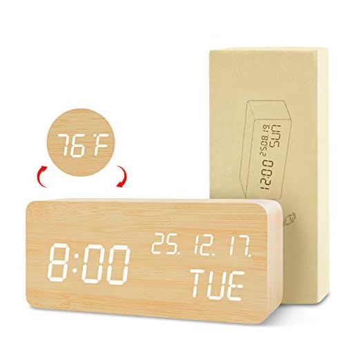 BlaCOG Digital Alarm Clock with Wooden Desk LED Time, Week, Date/Month/Year and Temperature Display, Battery/USB Powered, 3 Alarm Settings, Adjustable Brightness Bamboo/White