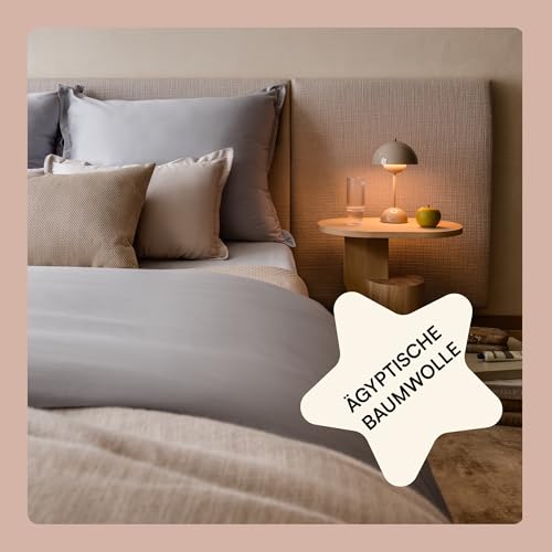 Amqua Mako Satin Bettwäsche Set 135x200cm + Kissenbezug 40x80cm, 100% ägyptische Baumwolle (Zertifiziert), grau/hellgrau