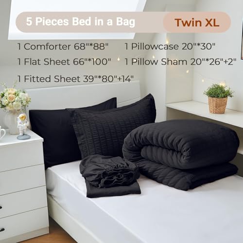 Image of MUXHOMO 5 Pieces Twin XL Comforter Set, Seersucker Bed in a Bag Twin XL Size, All Season Luxury Bedding Set with Comforter, Flat Sheet, Fitted Sheet, Pillowcase & Sham, Black