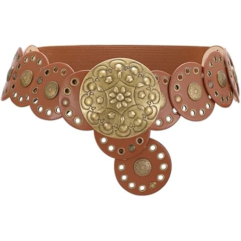 XZQTIVE Women Western Leather Belt Wide Disc Concho Belt for Cowgirl Contury Belt for Dress Jeans with Vintage Metal Buckle, Brown(Bronze Disc), XS: 33.5in/85cm Cover