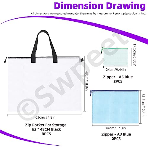 Image of Swpeet 7Pcs 3 Sizes A3 A5 19 x 25 Inch Storage Bag Art Portfolio Bags with Zipper and Handle Assortment Kit, Mesh Folder Organizers Art Portfolio Bags Posters Storage BagTransparent Bag