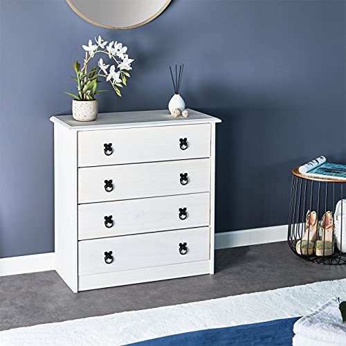 IDIMEX Commode RESIDENCIA 4 Grands tiroirs Buffet bahut vaisselier en Bois Style Mexicain, en pin Massif lasuré Blanc