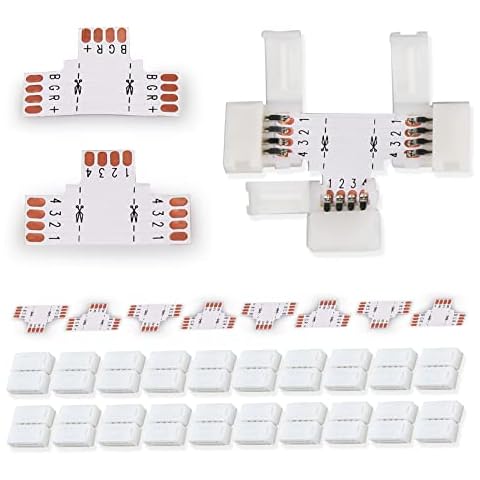 20pcs 4-Pin LED Strip Connector Clip for Non-Waterproof 10mm SMD5050 LED RGB Strip, with 8pcs 4-Pin T-Shape 10mm PCB Board Led Connector for T-Shape L-Shape Led Strip Connection Cover