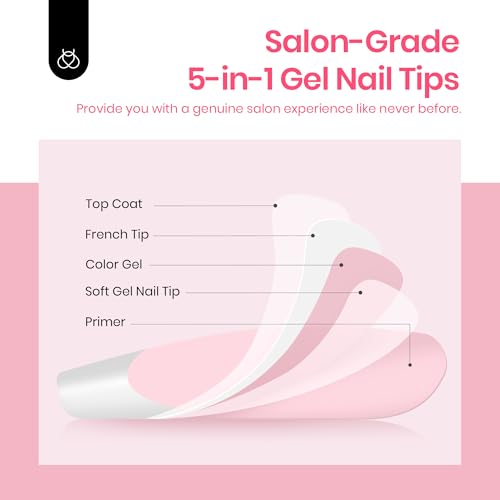 Image of Beetles French Tip Press On Nails - Medium Almond 60pcs 15 Sizes | White French Tips Pink Fake Nails with Nail Glue, Quick & Easy Nail Salon Manicure Gift for Women, All-in-One Complete Kit