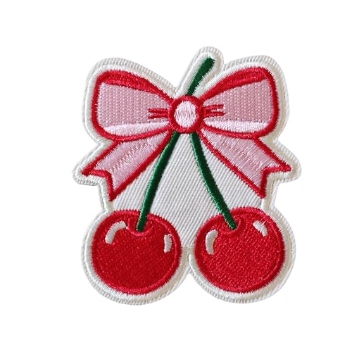 Red Cherry Bow Patch - Hook and Loop Cute Funny Coquette Embroidered Meme Badge for Clothes Backpack Bag Molle Vest Helmets Gym Military Tactical Army DIY Gifts for Girls Mom Friends Coworkers