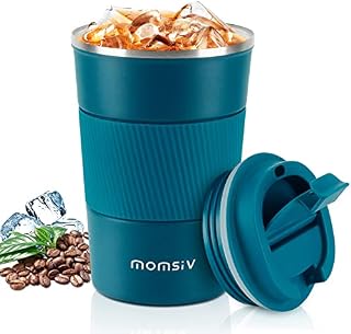 MOMSIV Travel Mug, Insulated Coffee Cup,Double Walled Travel Mug Vacuum Insulation Stainless Steel with Leakproof Lid Eco-Friendly Reusable Cup for Coffee,Tea and Beer (Blue 380ML)