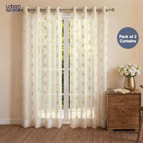 Image of Urban Space Gold Foil Sheer with Texture, Curtains for Window, 35-40% Room Darkning, Set of 2 Decorative Curtains with Tieback and Eyelets (Vanya Buttercream, Window- 5 Feet)