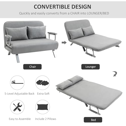 HOMCOM 2 Seater Sofa Bed, Click Clack Convertible Bed Settee, Modern Velvet Feel Fabric Sofa with 2 Cushions for Living Room, Bedroom, Guest Room, Light Grey - Image 4