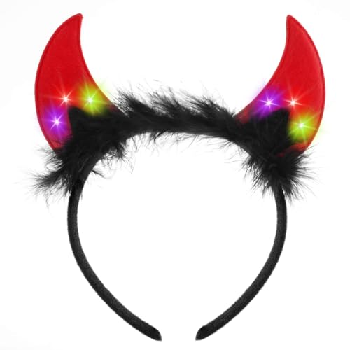 Alaoo Bandeau Diable,Serre Tete Corne de Diable Avec Plumes,Oreille Diable,cornes de diable lumineuses,pour Accessoires D'oreilles Diable pour le Jeu de Rôle...