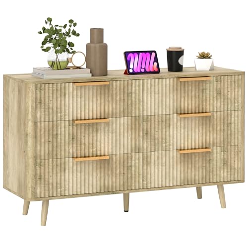 HOMCOM Commode 6 tiroirs Meuble de Rangement Style scandinave avec poignées et Pieds de pin, Bois Effet cannelé, Commode Chambre à Coucher, Salon, Couloir -...