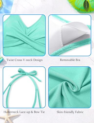 Image of Girls Swimsuits 2 Piece Halterneck Bathing Suit Criss Cross Ruched Printed Tankini Swimwear Set for 9-16 Years